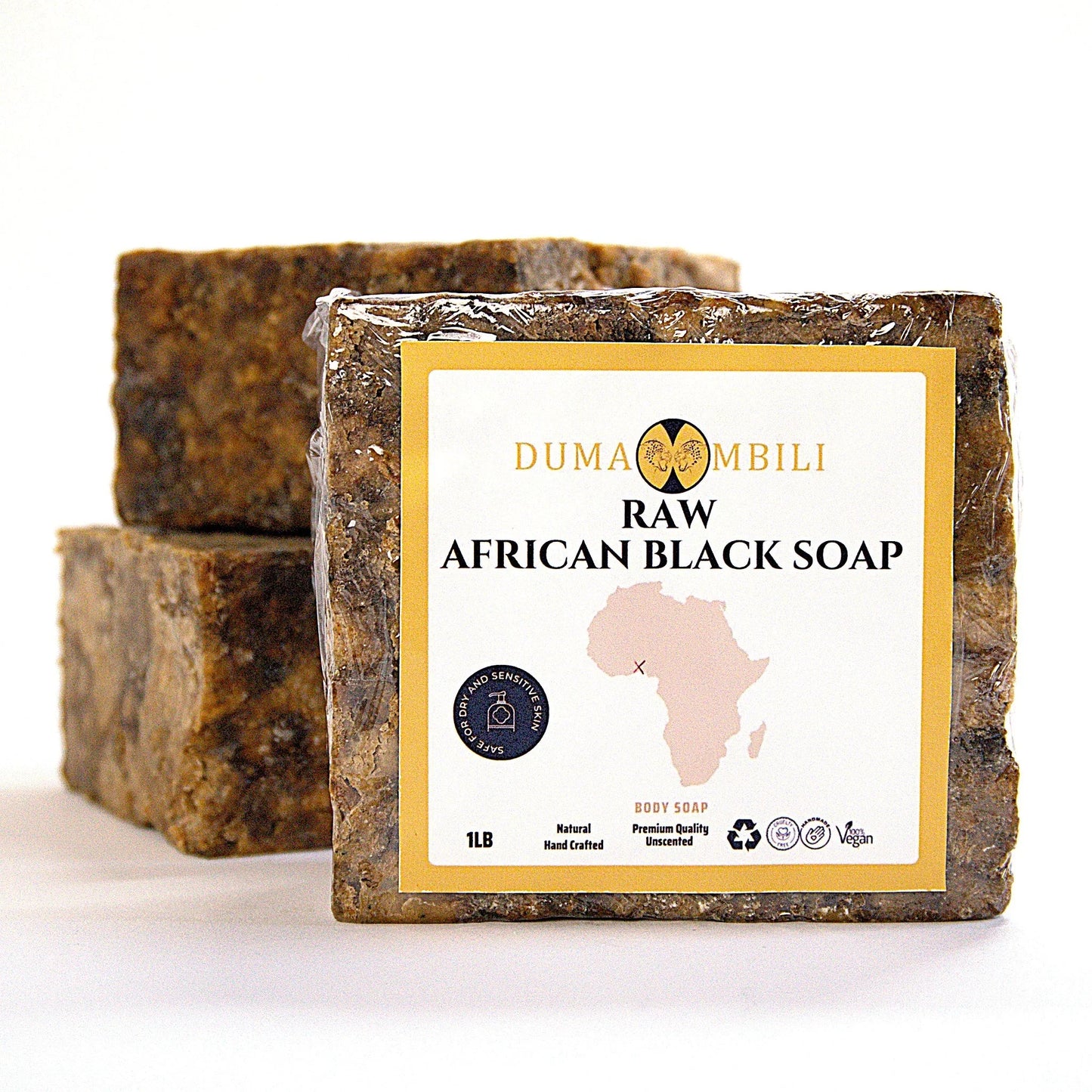 Raw African Black Soap bar, natural handcrafted body soap for dry sensitive skin, unscented and vegan
