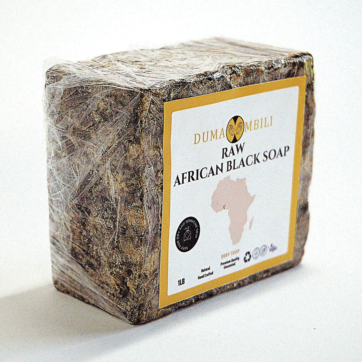 Raw African Black Soap bar, natural handcrafted body soap for dry sensitive skin, 1 lb, wrapped in clear film