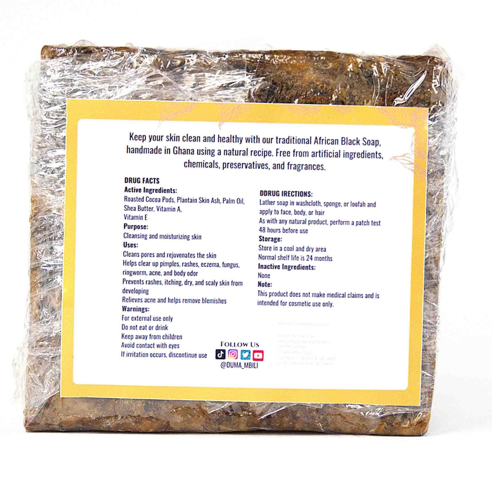 Traditional African Black Soap bar with natural ingredients label, handmade in Ghana for skin cleansing