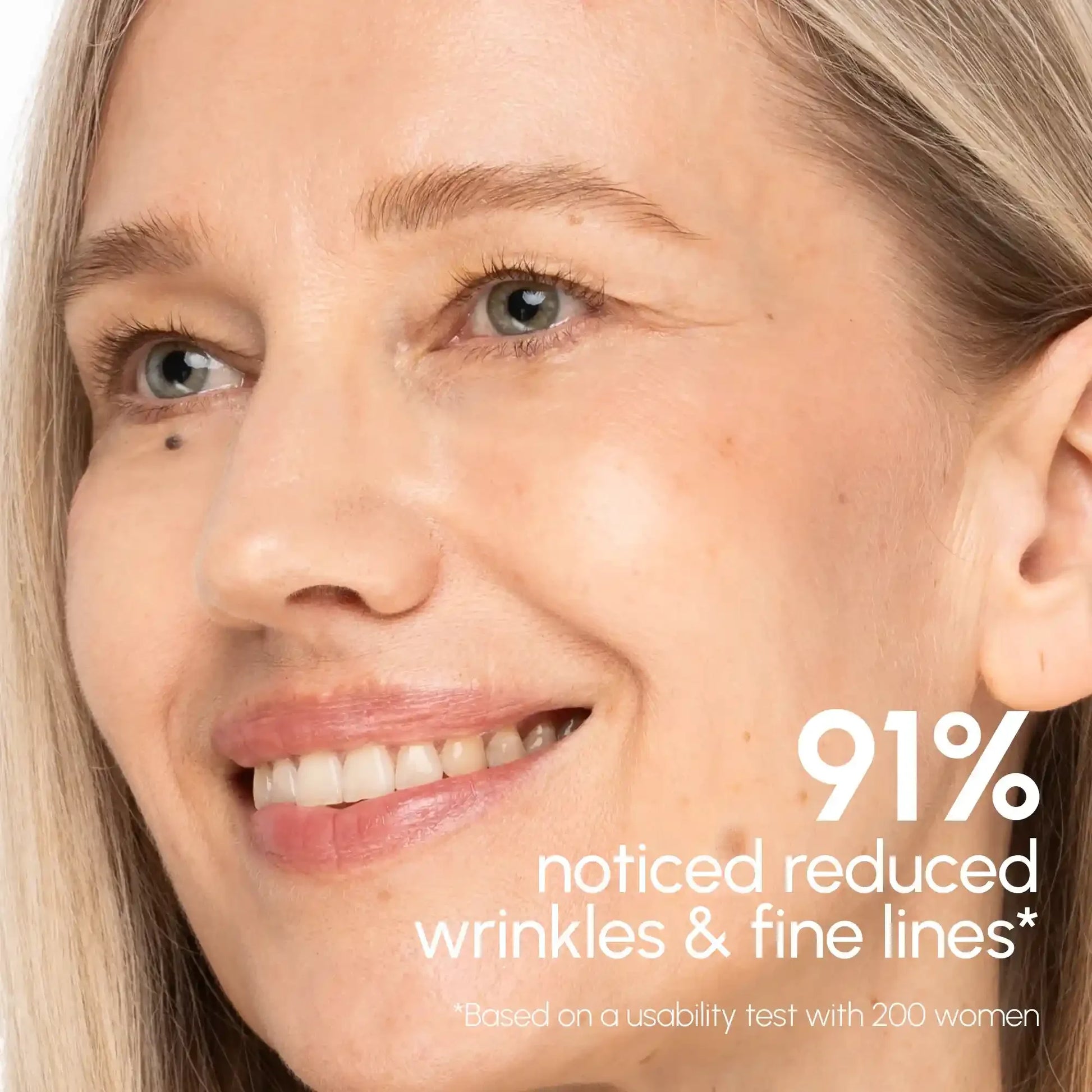Woman with glowing skin showing reduced wrinkles and fine lines, 91% noticed improvement