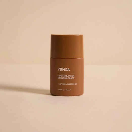 YENSA Super Serum Silk Bronzing Drops in matte brown bottle, 30ml, with 8 Superblacks Essence for radiant glow