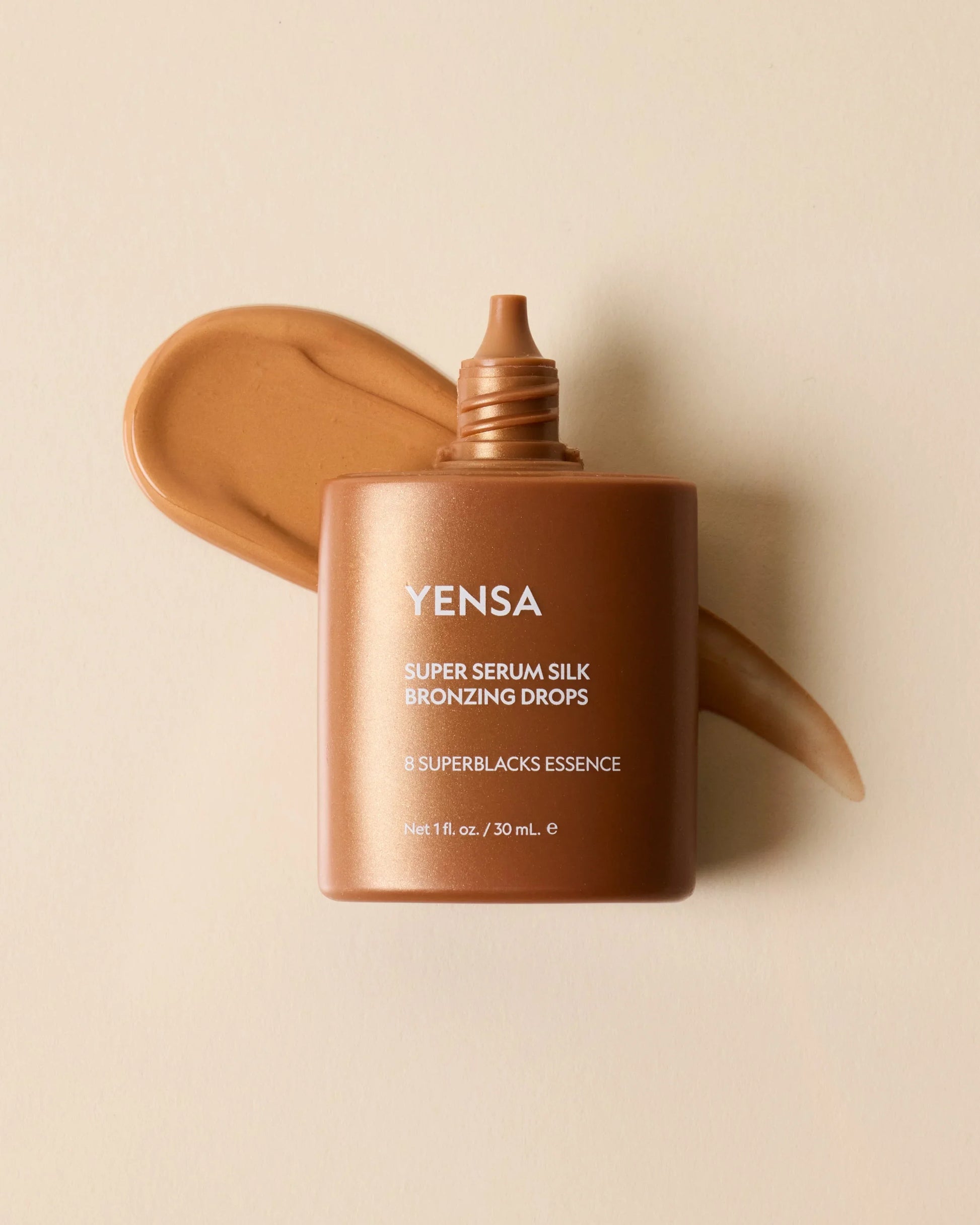 YENSA Super Serum Silk Bronzing Drops with swatch, 30mL glow-enhancing face serum for radiant skin